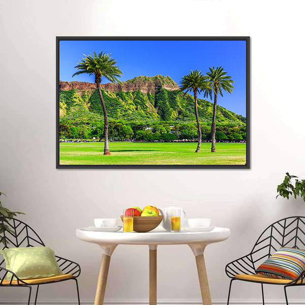 Diamond Head, Honolulu with Palm Trees Canvas Wall Art