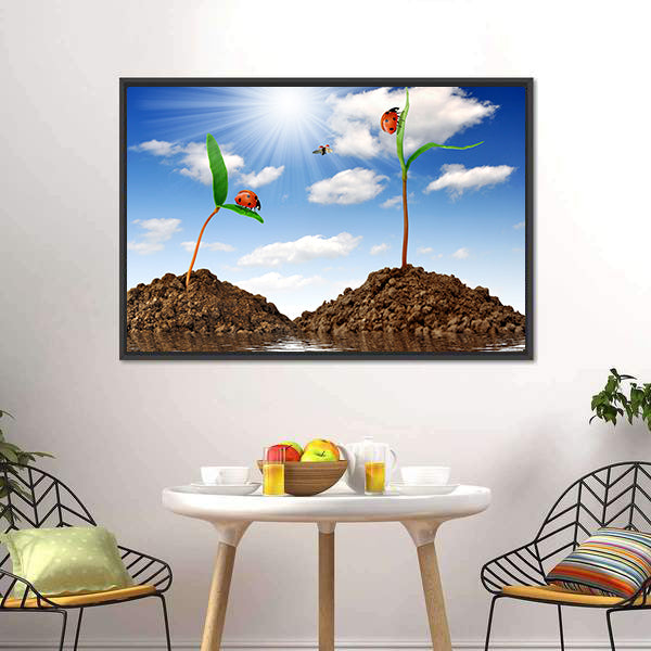 Two Sprouting Plants with Ladybugs Canvas Wall Art