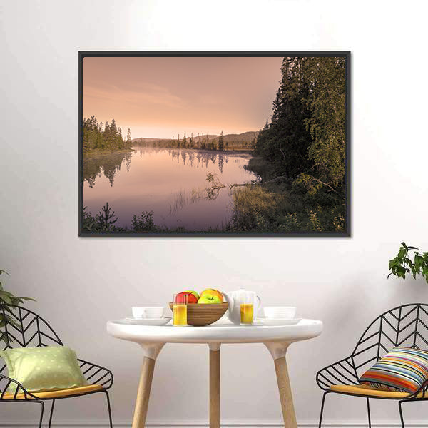 Misty Sunrise Over Lake Canvas Wall Art
