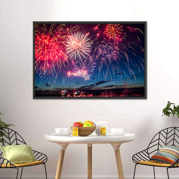 Colorful Fireworks Over City Skyline Canvas Wall Art