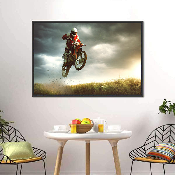 Biker Making A Stunt And Jumps In The Air Canvas Wall Art-5 Horizontal-Gallery Wrap-22" x 12"-Tiaracle