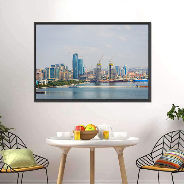 Baku Skyline With Caspian Sea Canvas Wall Art-3 Horizontal-Gallery Wrap-25" x 16"-Tiaracle