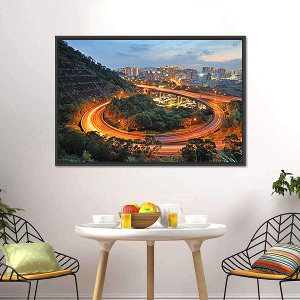City Interchange At Night Canvas Wall Art-5 Horizontal-Gallery Wrap-22" x 12"-Tiaracle