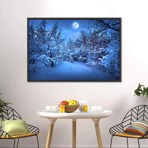 Moonlight Over Snowy Forest Canvas Wall Art
