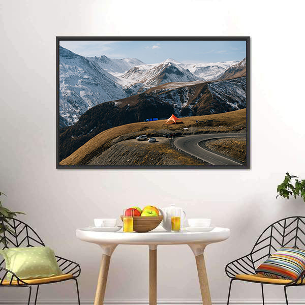 Winding Mountain Road with Snow-capped Peaks Canvas Wall Art