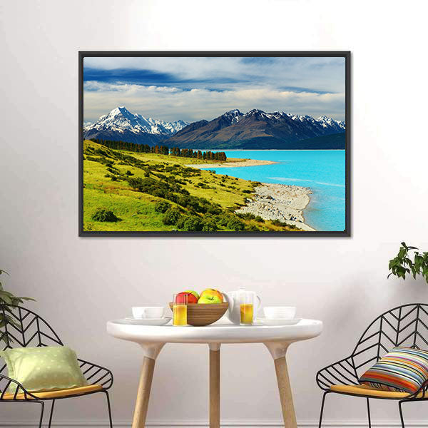 Mount Cook And Pukaki Lake Canvas Wall Art-5 Horizontal-Gallery Wrap-22" x 12"-Tiaracle