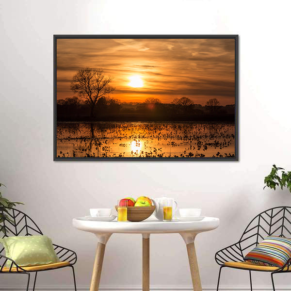 Lake Near Forest At Sunset Canvas Wall Art