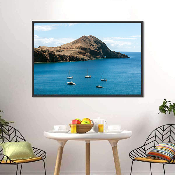 Rocky Island with Anchored Sailboats Canvas Wall Art