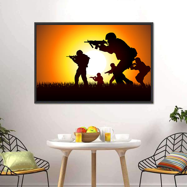 Soldiers Silhouette at Sunset Canvas Wall Art