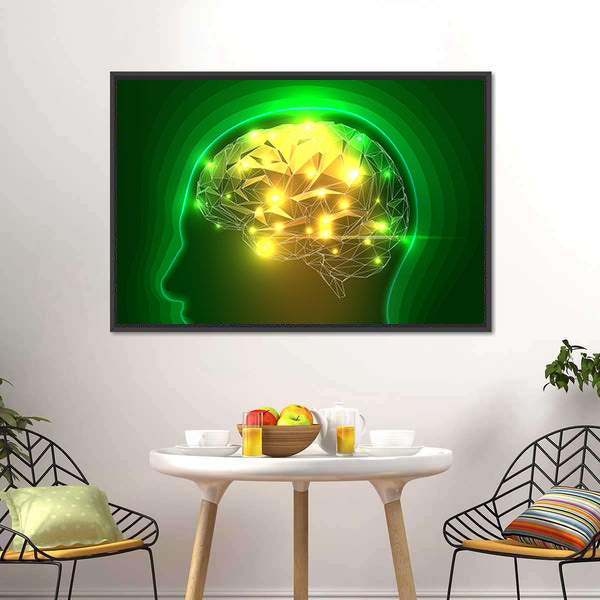 Wireframe Head with Glowing Polygonal Brain Canvas Wall Art