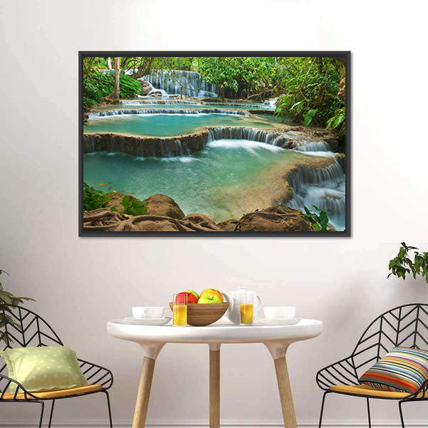 Kuang Si Waterfall Canvas Wall Art-5 Horizontal-Gallery Wrap-22" x 12"-Tiaracle