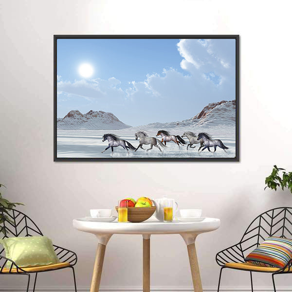 Herd Of Wild Horses Run In The Snows Canvas Wall Art
