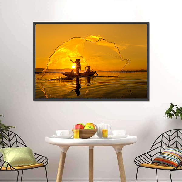 Fisherman Of Bangpra Lake In Thailand Canvas Wall Art-5 Horizontal-Gallery Wrap-22" x 12"-Tiaracle