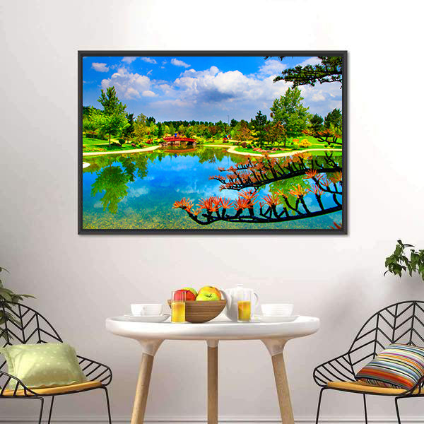 Red Bridge and Reflections in Japanese Garden Canvas Wall Art