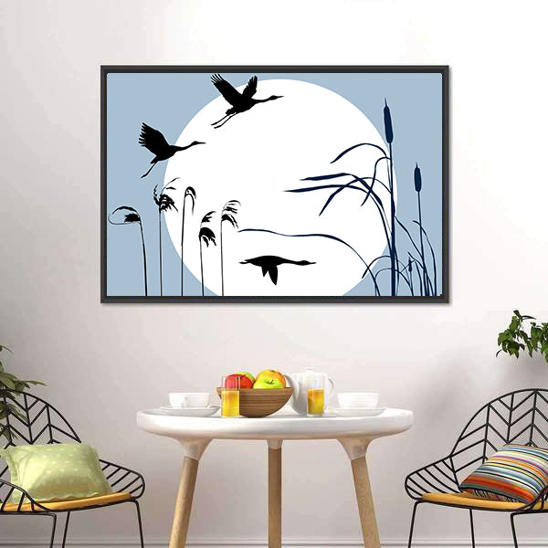 Three Flying Birds Silhouette with Moon Canvas Wall Art