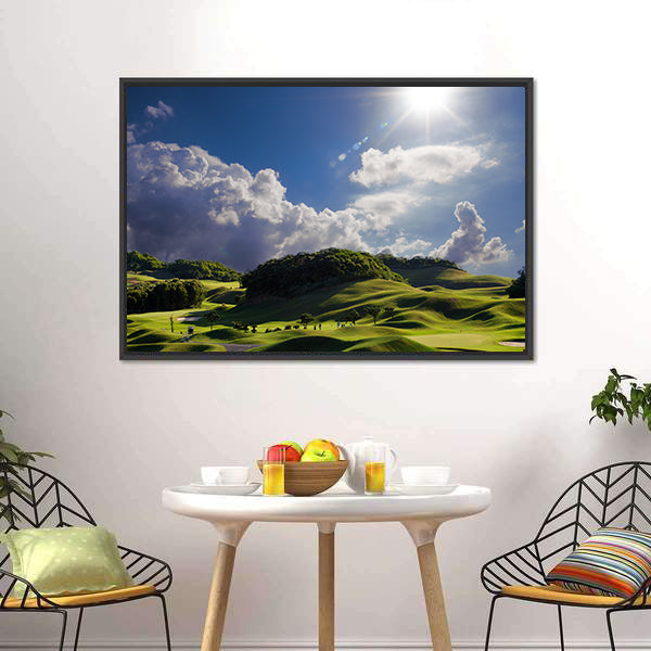Sunlit Golf Course Over Rolling Hills Canvas Wall Art