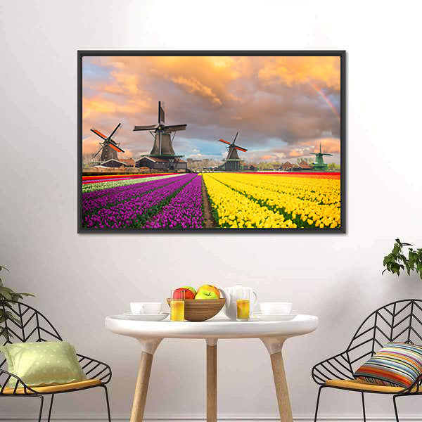 Purple and Yellow Tulip Fields with Windmills Canvas Wall Art