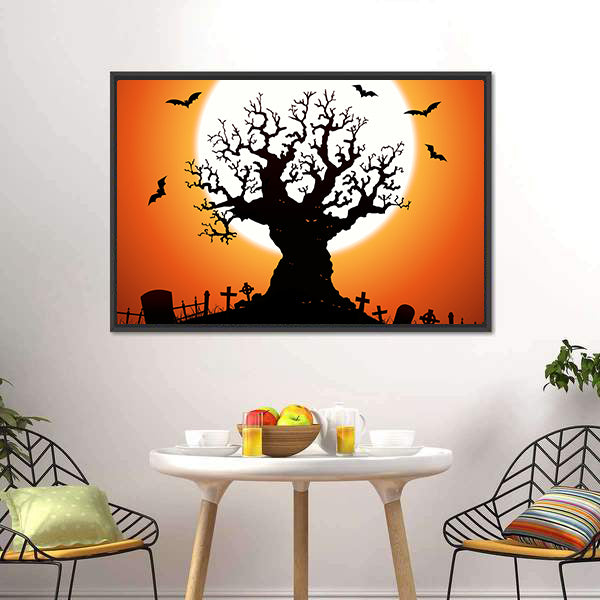 Gnarled Tree and Graveyard at Full Moon Canvas Wall Art