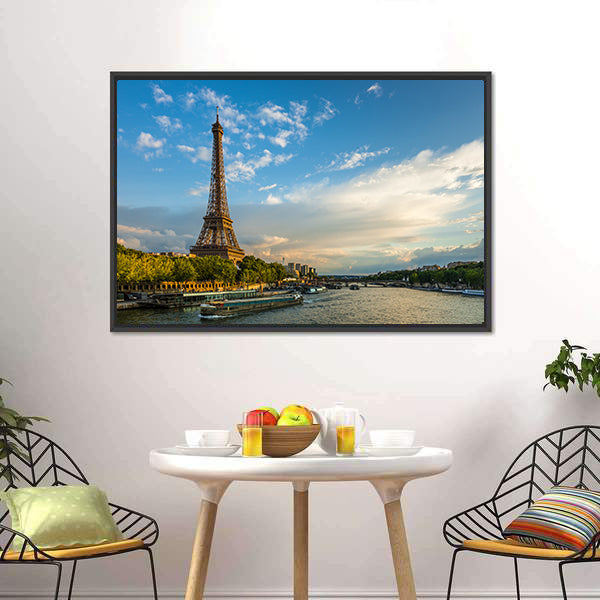 Eiffel Tower and Seine River Canvas Wall Art-5 Horizontal-Gallery Wrap-22" x 12"-Tiaracle