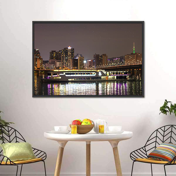 Night City Skyline with Bridge Reflection Canvas Wall Art