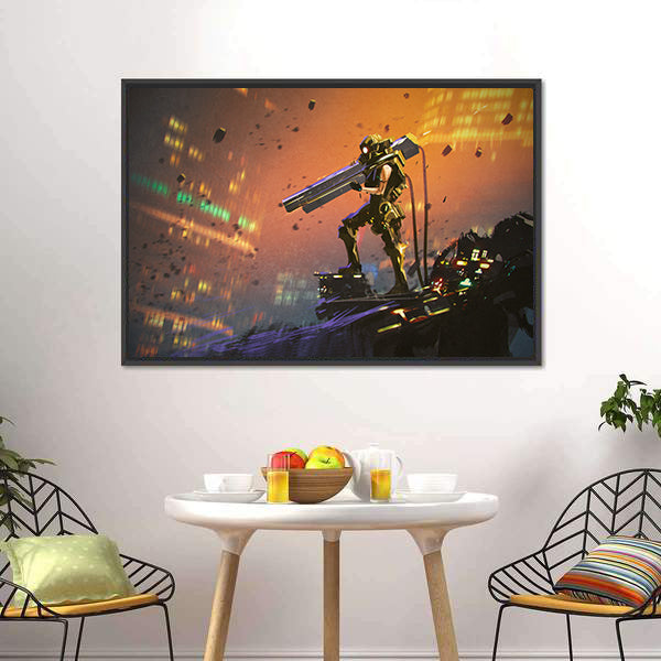 Futuristic Soldier With Gun Canvas Wall Art-5 Horizontal-Gallery Wrap-22" x 12"-Tiaracle