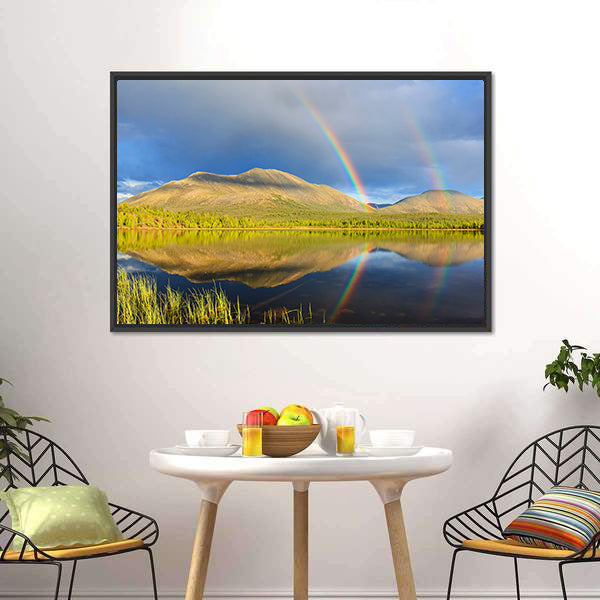 Double Rainbow Over Lake And Mountains Canvas Wall Art-3 Horizontal-Gallery Wrap-25" x 16"-Tiaracle