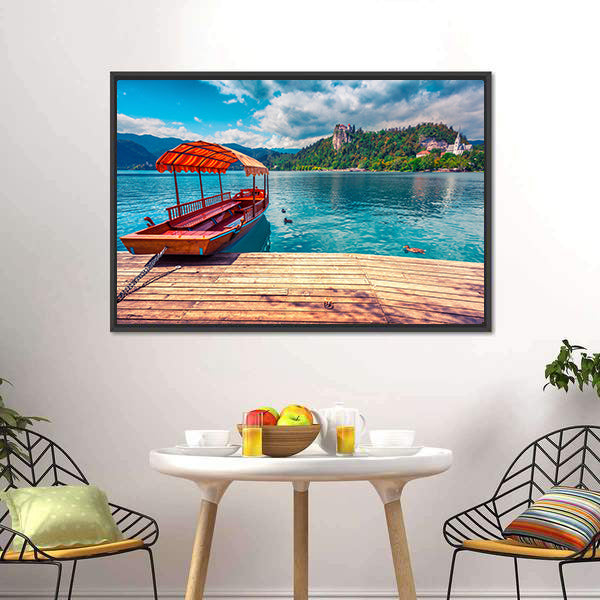 Boat on Lake with Castle and Mountains Canvas Wall Art