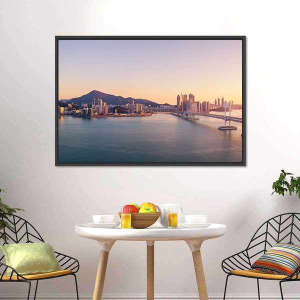 Aerial City Bridge at Sunset Canvas Wall Art