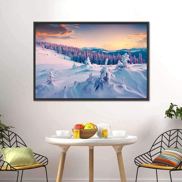 Colorful Winter Sunrise In The Mountains Canvas Wall Art-5 Horizontal-Gallery Wrap-22" x 12"-Tiaracle
