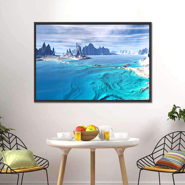 Alien Lake with Pointed Rock Formations Canvas Wall Art
