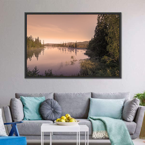 Misty Sunrise Over Lake Canvas Wall Art