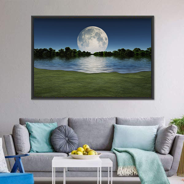 Moon Rise Over Lake Canvas Wall Art-5 Horizontal-Gallery Wrap-22" x 12"-Tiaracle