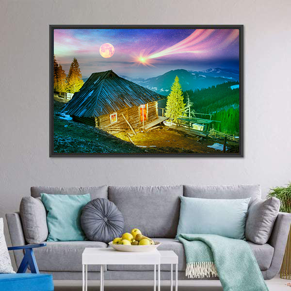 Mountain Cabin Beneath Aurora Borealis Canvas Wall Art