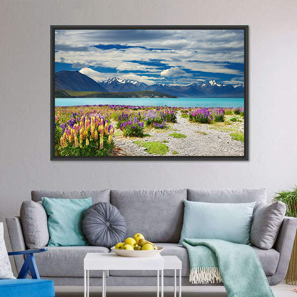 Lake Tekapo with Lupine Path and Mountains Canvas Wall Art