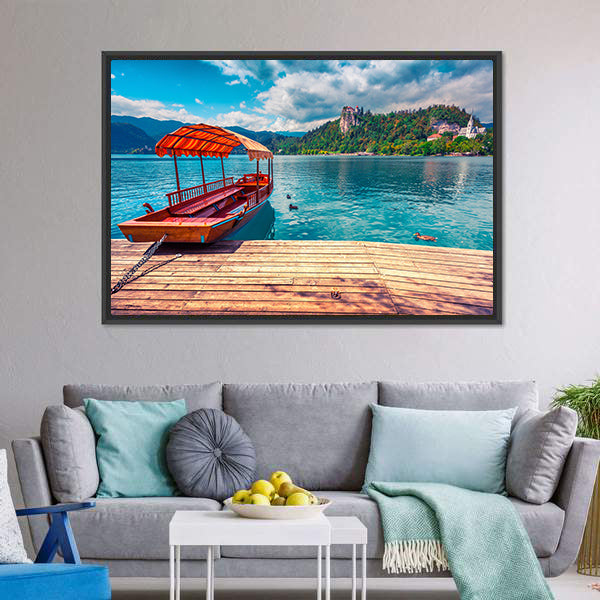 Boat on Lake with Castle and Mountains Canvas Wall Art