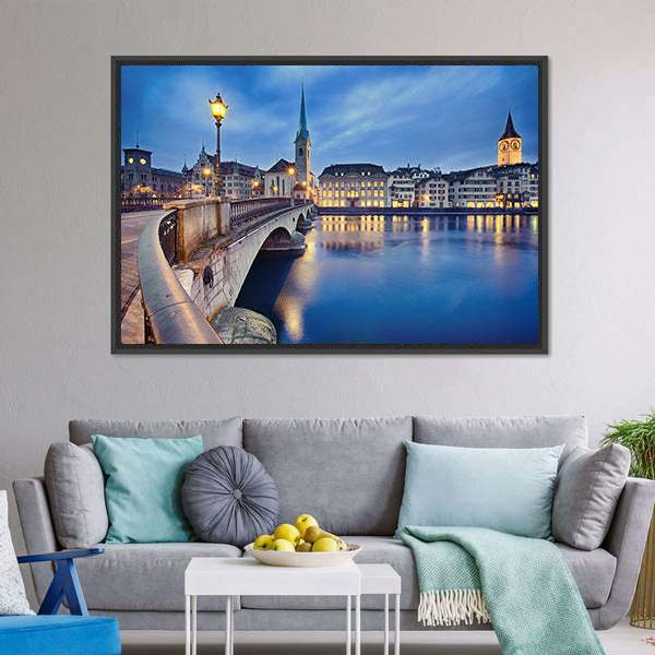 Fraumunster Church At Night Canvas Wall Art-5 Horizontal-Gallery Wrap-22" x 12"-Tiaracle