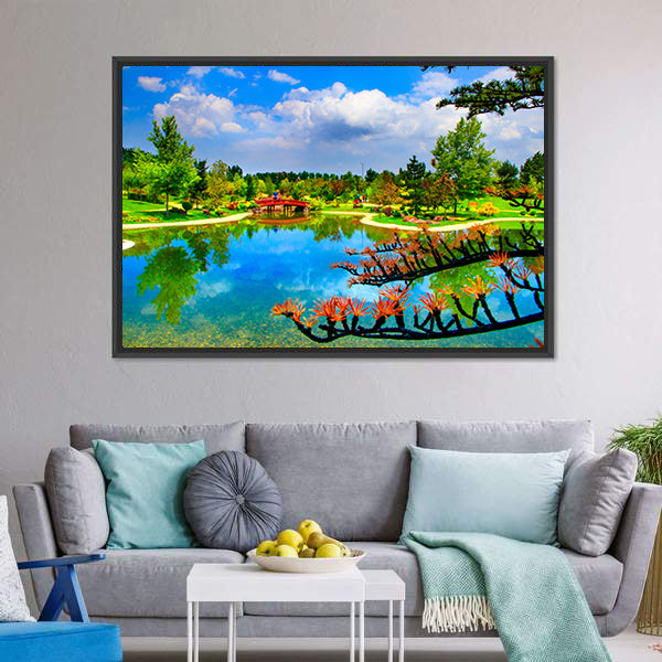 Red Bridge and Reflections in Japanese Garden Canvas Wall Art