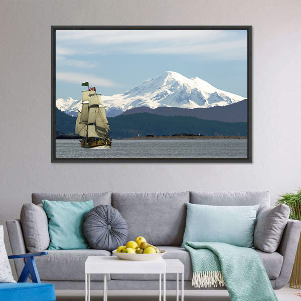 Mount Baker & Sailing Ship Canvas Wall Art-5 Horizontal-Gallery Wrap-22" x 12"-Tiaracle