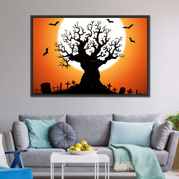 Gnarled Tree and Graveyard at Full Moon Canvas Wall Art
