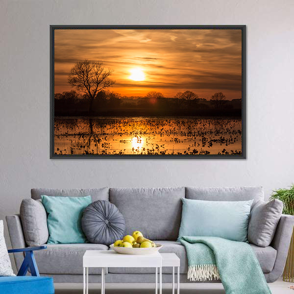 Lake Near Forest At Sunset Canvas Wall Art