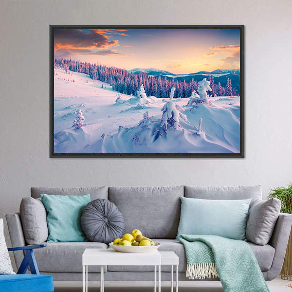 Colorful Winter Sunrise In The Mountains Canvas Wall Art-5 Horizontal-Gallery Wrap-22" x 12"-Tiaracle