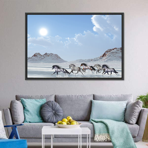 Herd Of Wild Horses Run In The Snows Canvas Wall Art