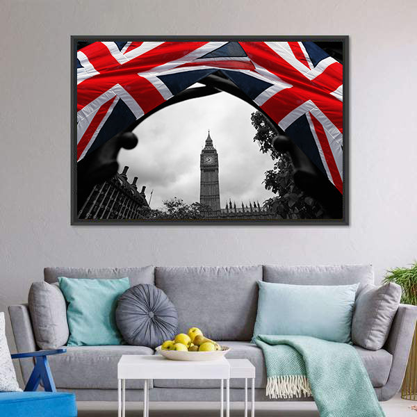 Big Ben With Flag Of England Canvas Wall Art-5 Horizontal-Gallery Wrap-22" x 12"-Tiaracle