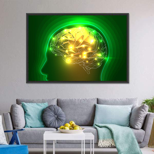 Wireframe Head with Glowing Polygonal Brain Canvas Wall Art