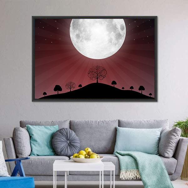 Glowing Full Moon Over Silhouetted Hills Canvas Wall Art