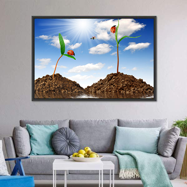 Two Sprouting Plants with Ladybugs Canvas Wall Art