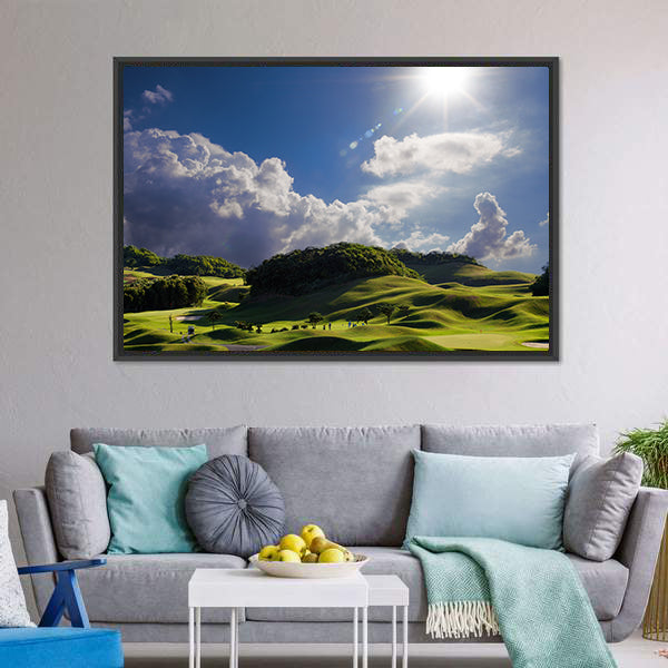 Sunlit Golf Course Over Rolling Hills Canvas Wall Art