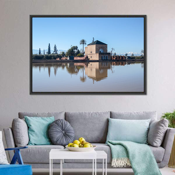 La Menara Reservoir with Palm Reflection Canvas Wall Art