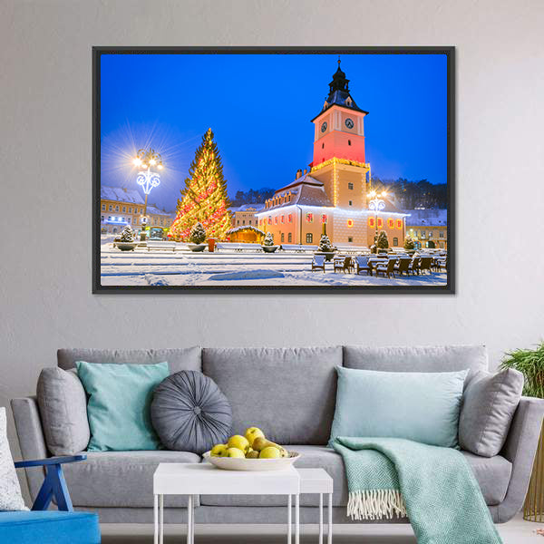 Christmas Market In Brasov Main Square Canvas Wall Art-5 Horizontal-Gallery Wrap-22" x 12"-Tiaracle