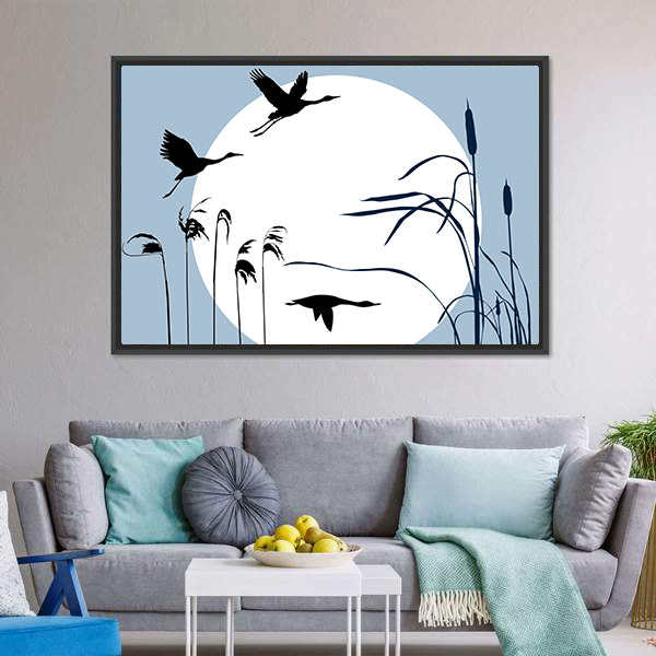 Three Flying Birds Silhouette with Moon Canvas Wall Art